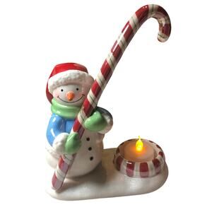 Vintage 2006 Happy Christmas Snowman Candycane Tealight Ceramic 7.75”
